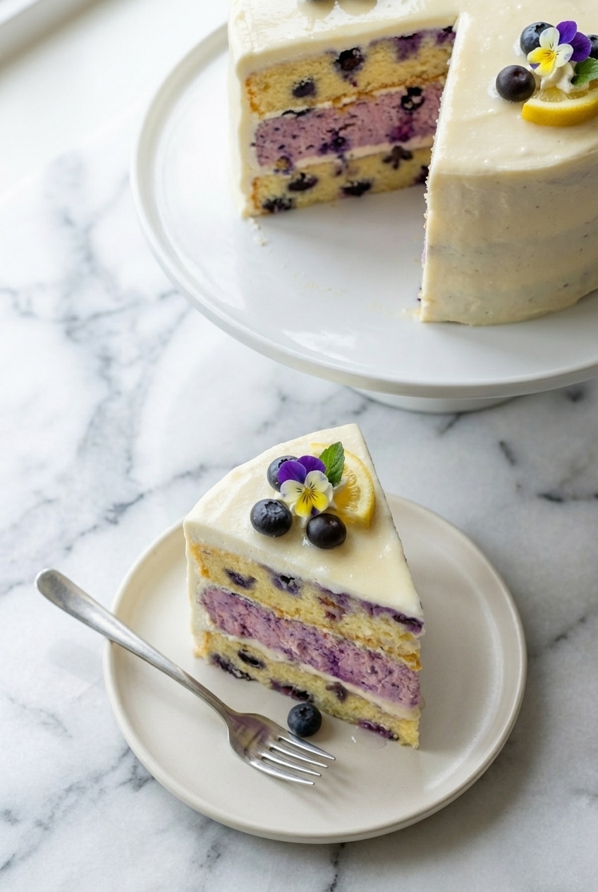 Slices of lemon blueberry cheesecake cake served on a dessert table for a bright seasonal treat.