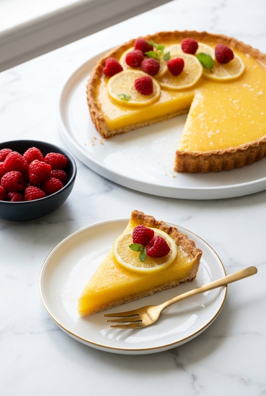 A slice of lemon tart recipe on a plate, ready to serve with a drizzle of honey glaze and sea salt.