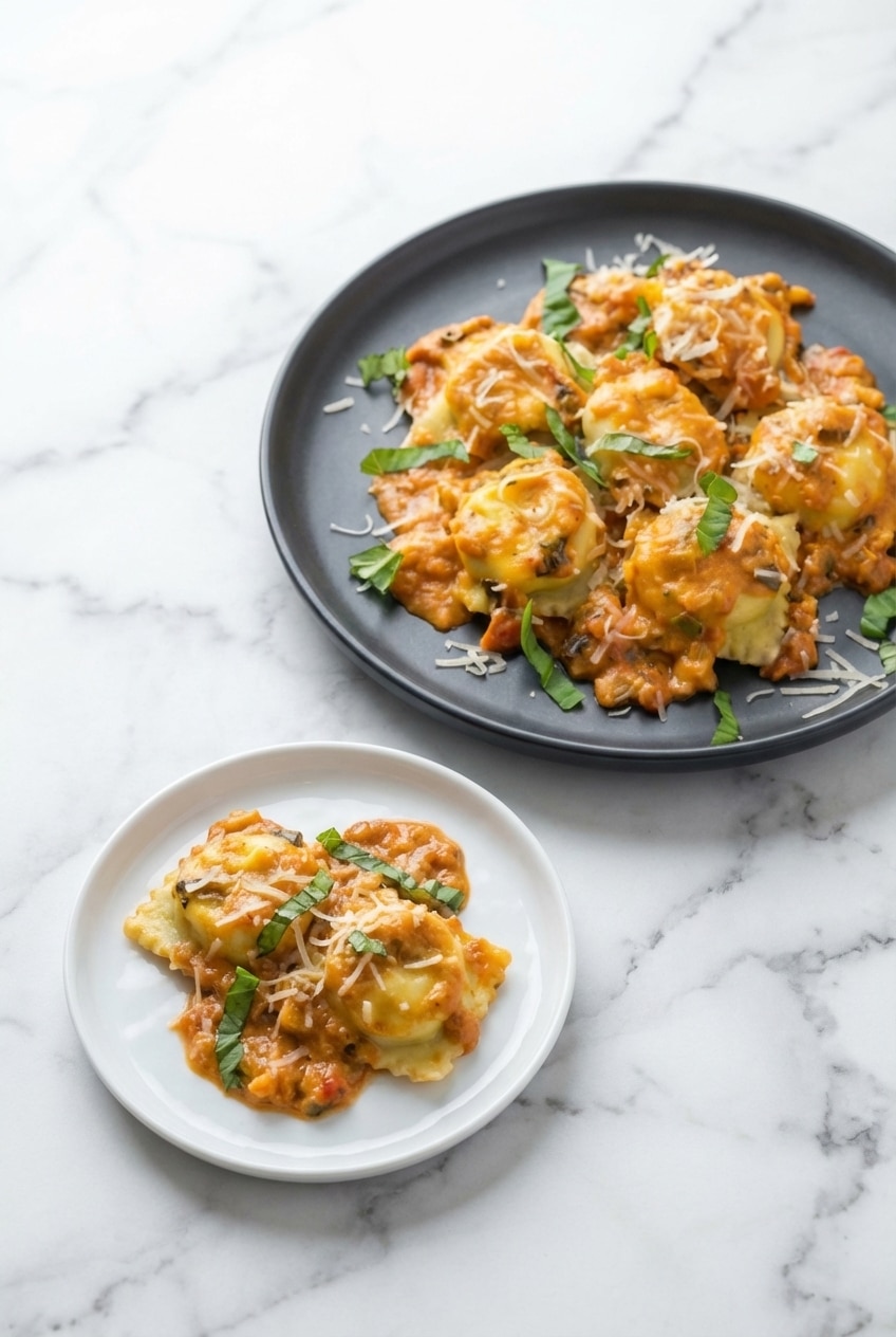 A finished plate from this lobster ravioli recipe drizzled with heavy cream and shallot reduction.