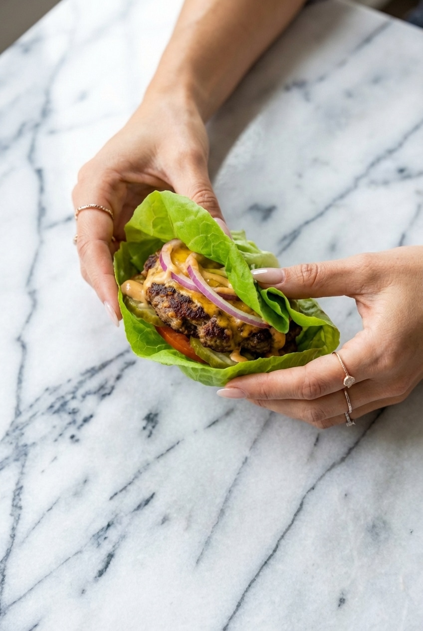 Platter of lettuce wrap burgers served with creamy special sauce on a rustic wooden table.