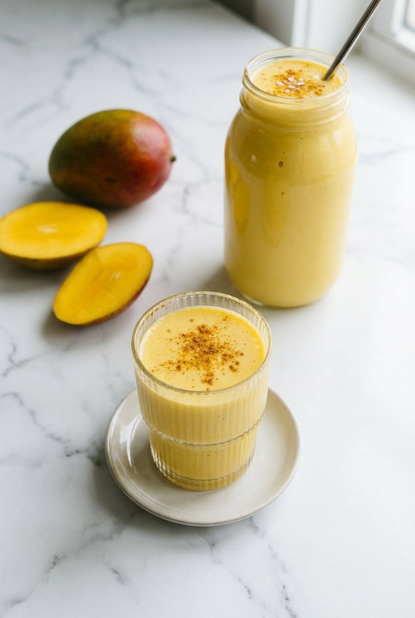 A refreshing mango smoothie garnished with fresh mint on a bright kitchen counter ready to enjoy.
