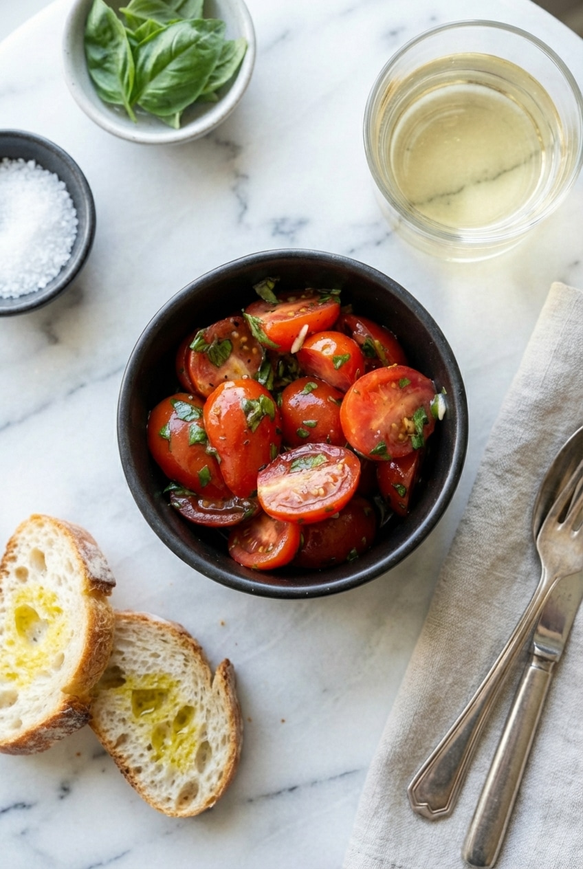 Marinated cherry tomatoes served over creamy burrata cheese with crispy crostini on a white platter.