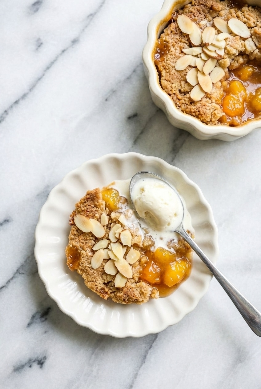 A cozy setting featuring a warm mini peach cobbler, a perfect small batch dessert for two.