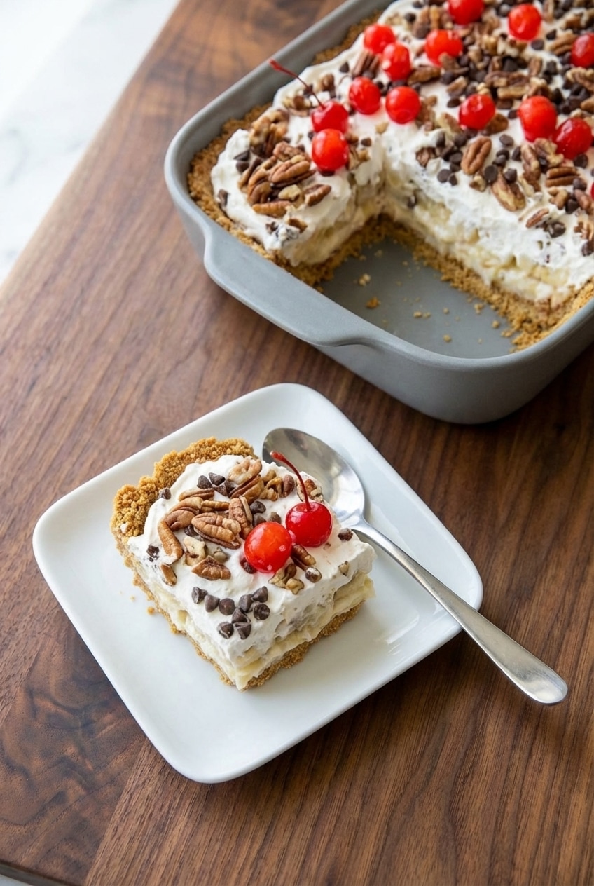 An individual serving of no bake banana split dessert on a plate, ready to be enjoyed.