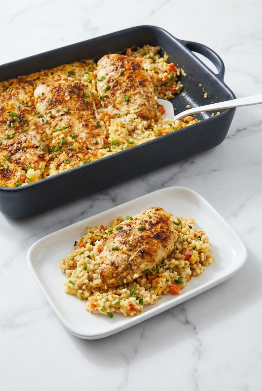 A comforting scoop of no peek chicken and rice served on a dinner plate for a family meal.