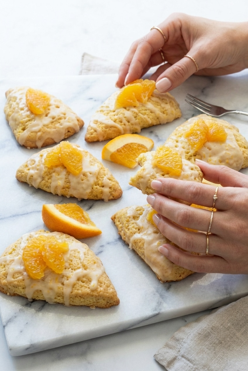 Fresh orange scones drizzled with confectioners' sugar glaze served on parchment paper for a bright breakfast spread.