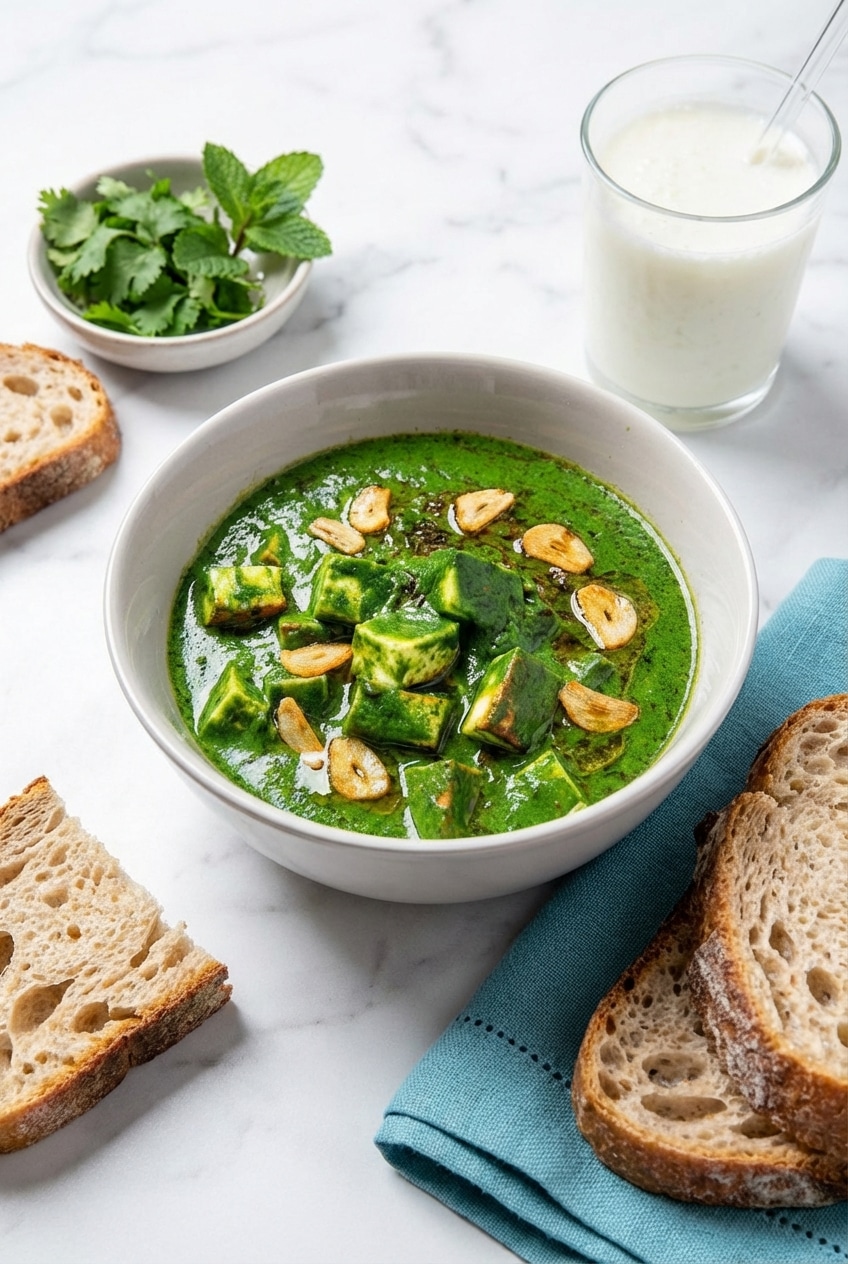 A bowl of palak paneer recipe served with warm naan, ideal for a comforting weeknight dinner.