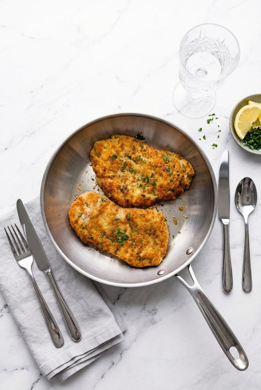 Slices of parmesan crusted chicken served on a white plate, ready for a cozy family dinner.