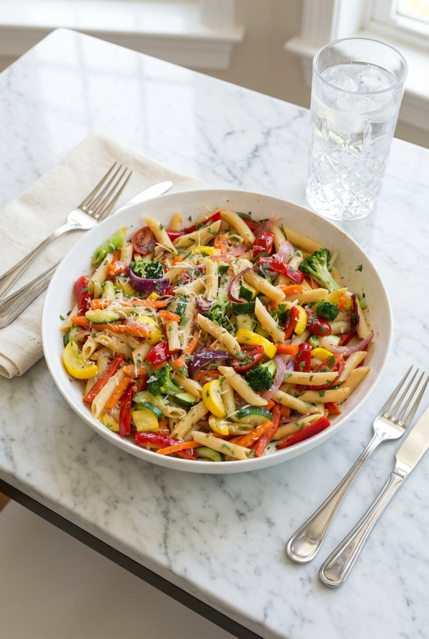 Garnished pasta primavera served in a white bowl with toasted pine nuts and grated Parmigiano-Reggiano.