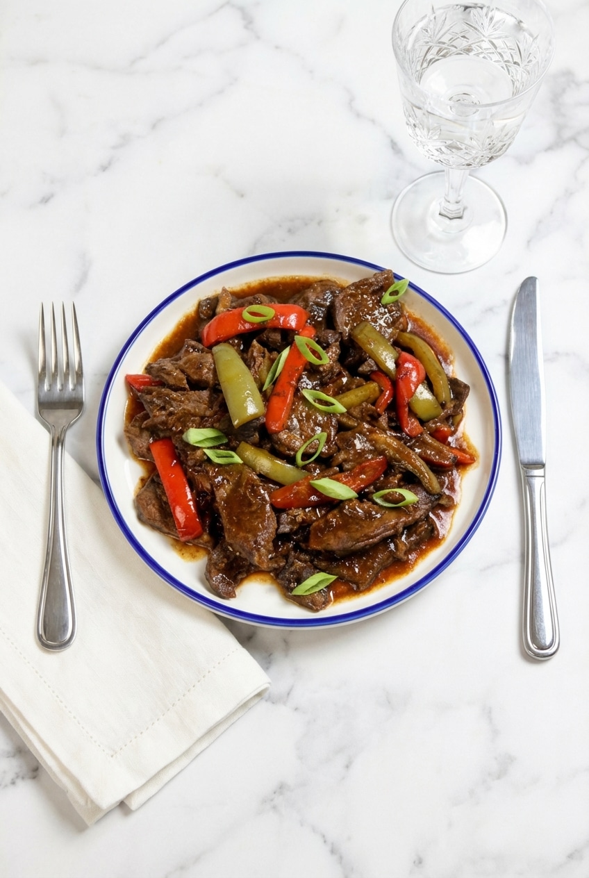 Warm bowl of this pepper steak recipe served over white rice for a quick weeknight dinner.