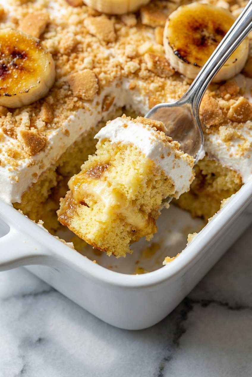 Spatula serving a moist square of banana pudding cake showing the creamy pudding-filled layers.