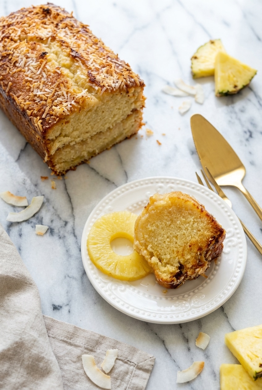 Slices of pina colada pound cake served on a platter, ideal for a summer brunch or dessert.
