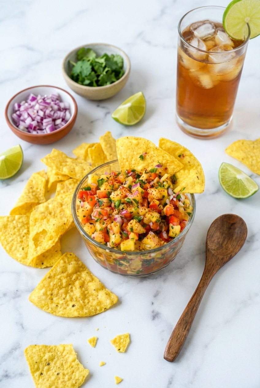 Pineapple salsa served in a bowl with salty tortilla chips and used as a zesty ceviche topping.