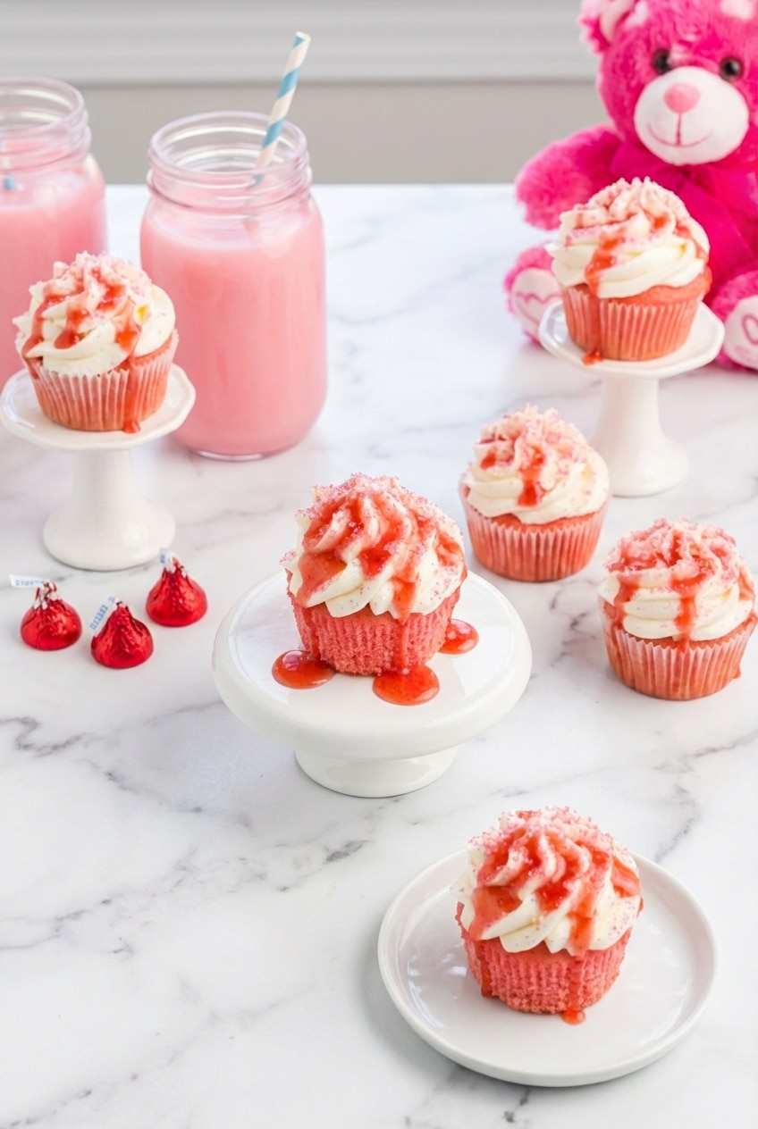 Pink velvet cupcakes arranged on a serving platter, perfect for baby shower desserts or parties.