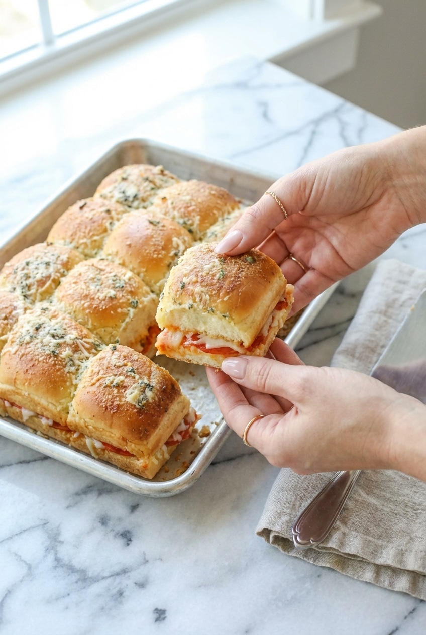 Stacked pizza sliders hawaiian rolls seasoned with garlic powder and Italian herbs on a serving platter.