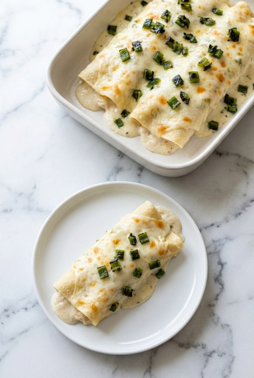 Serving a plate of creamy white chicken enchiladas topped with fresh garnish and melted Monterey Jack cheese.