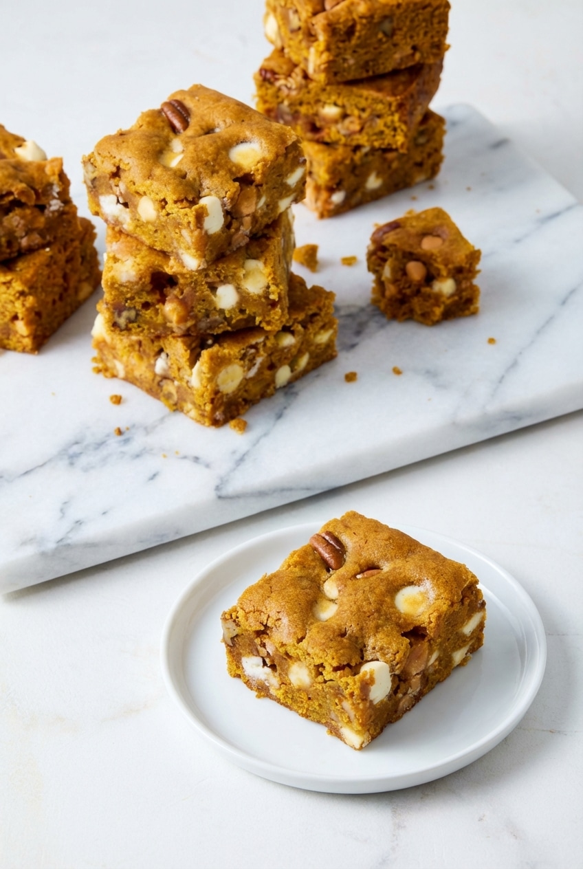 Sliced pumpkin blondies stacked on parchment paper, ready for a cozy autumn gathering.