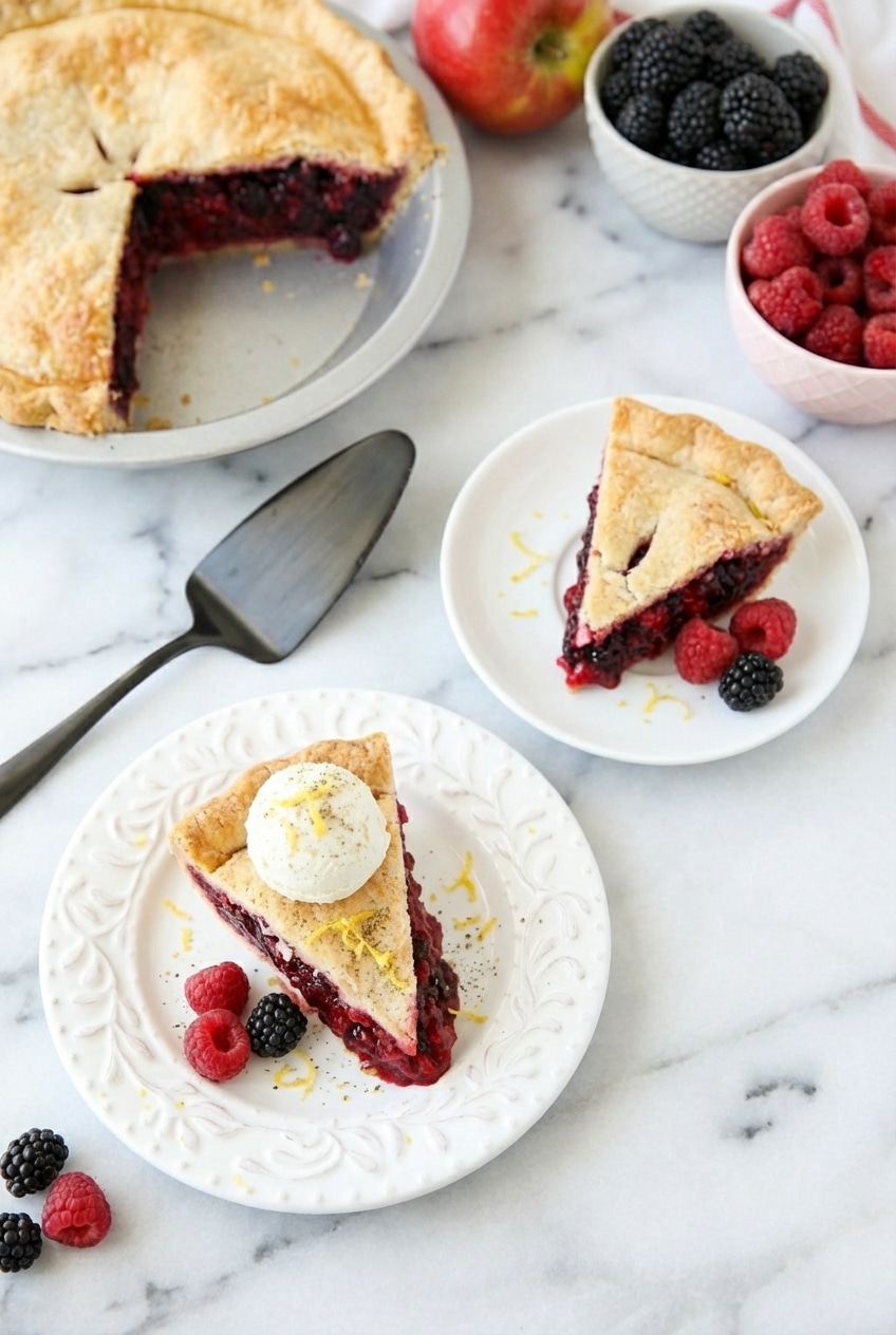 A slice of razzleberry pie served on a ceramic plate, ready for a cozy family dessert.
