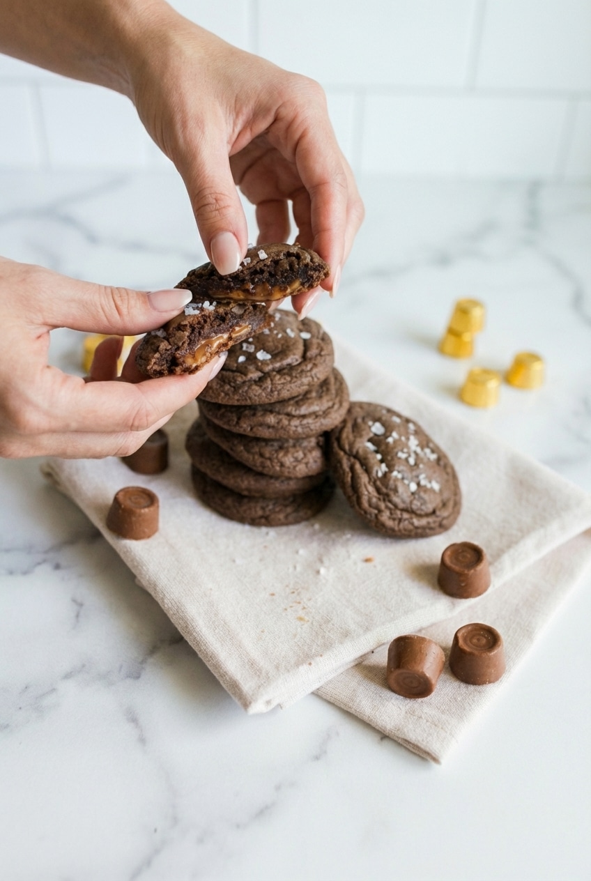 A plate of rolo cookies ready to serve, showcasing the rich chocolate and sea salt topping.
