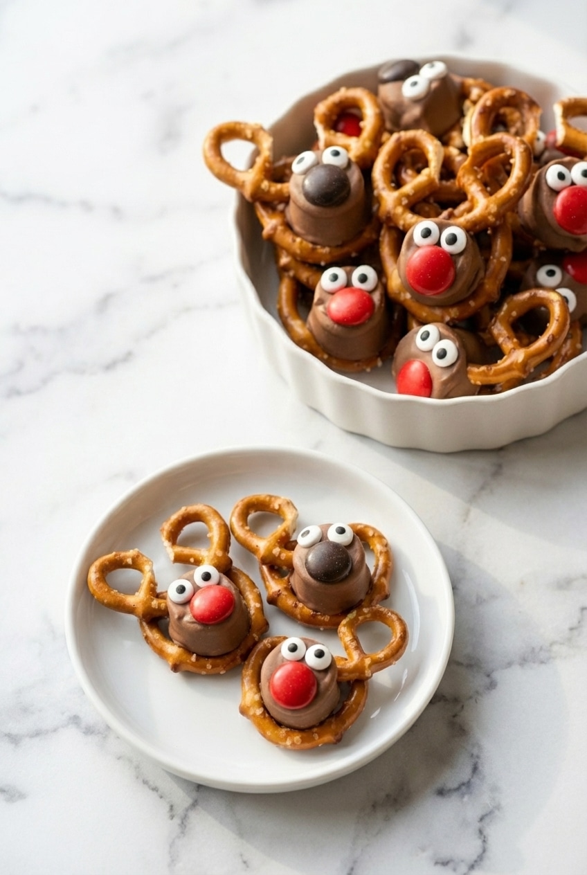 A festive platter of rolo pretzel reindeer served alongside holiday decor for a Christmas party.
