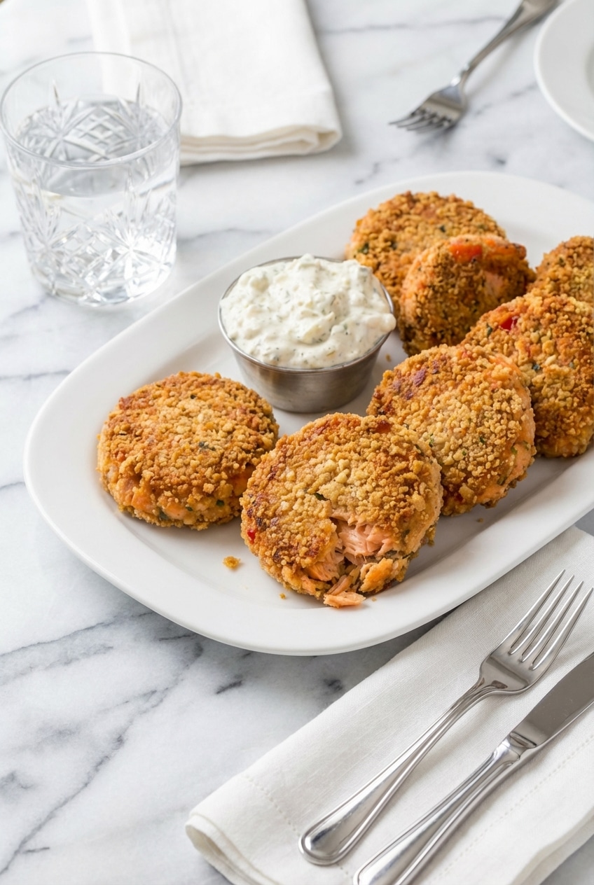 A plate of salmon patties served with a side of creamy tartar sauce and lemon slices on a casual wooden table.