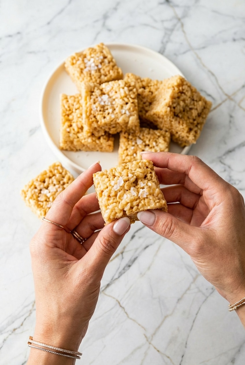 Sliced rice krispie treats recipe bars stacked neatly on parchment paper for serving.