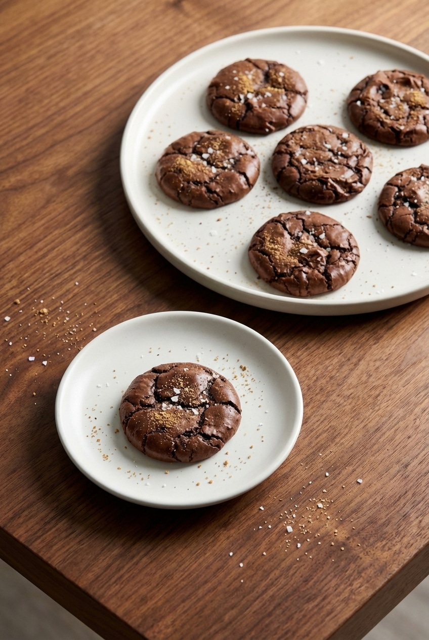A stack of salted brownie cookies displayed on a plate, highlighting their chewy texture and sea salt topping.