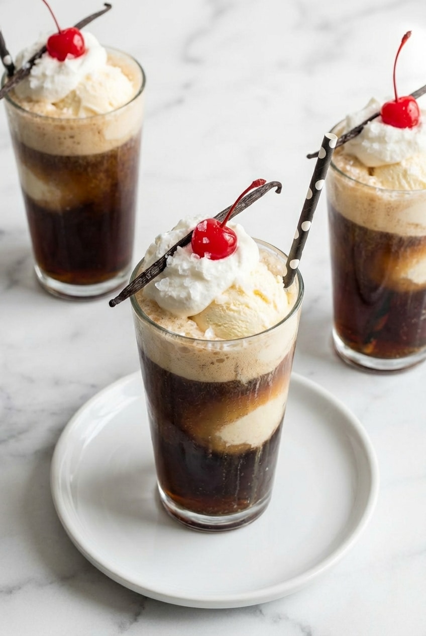 Two salted vanilla coke floats served with straws and whipped cream on a bright summer table.