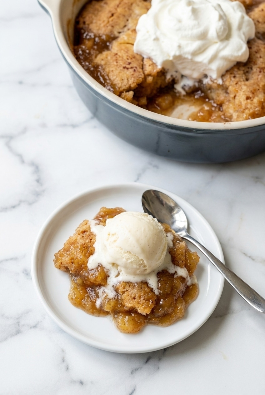 A serving of snickerdoodle cobbler in a bowl drizzled with warm caramel sauce on a rustic table.