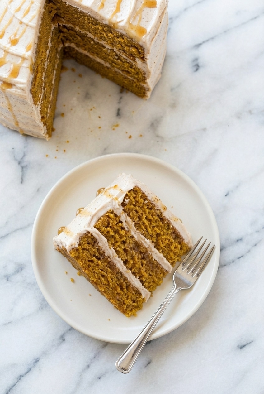 Slices of pumpkin cake with cinnamon cream cheese frosting on a serving plate for a cozy dessert.