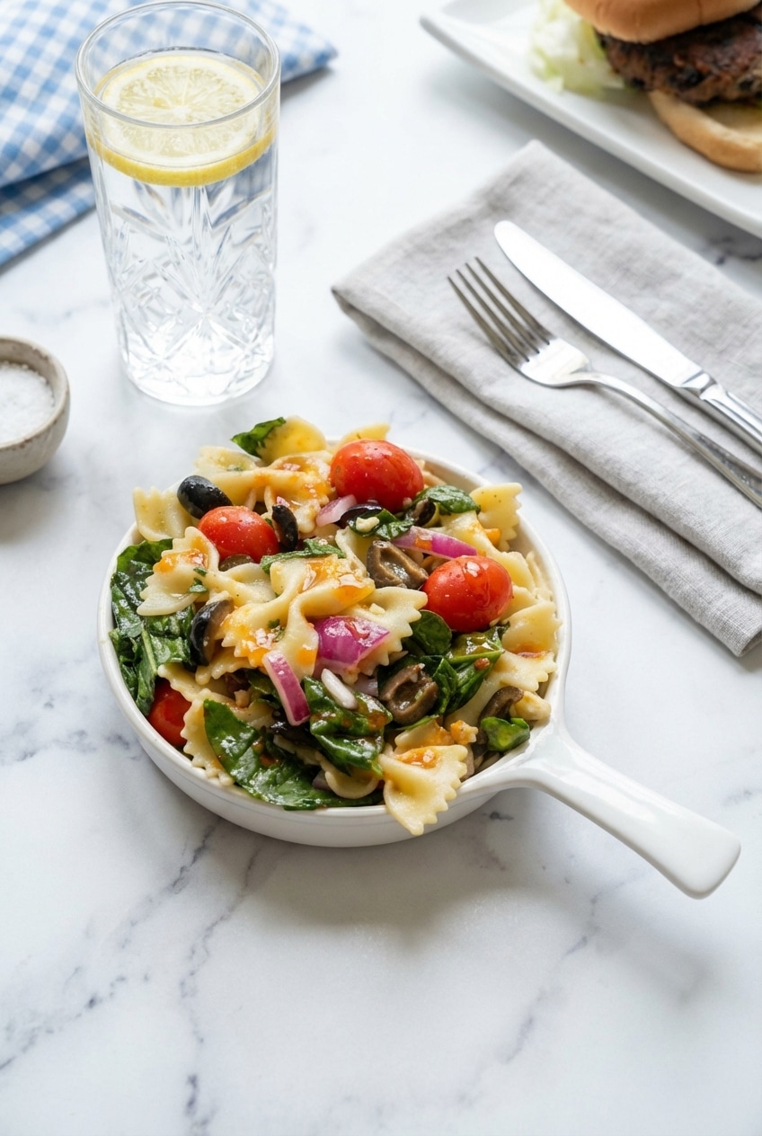 Spinach pasta salad presented in a serving bowl, perfect for meal prep or a summer potluck.