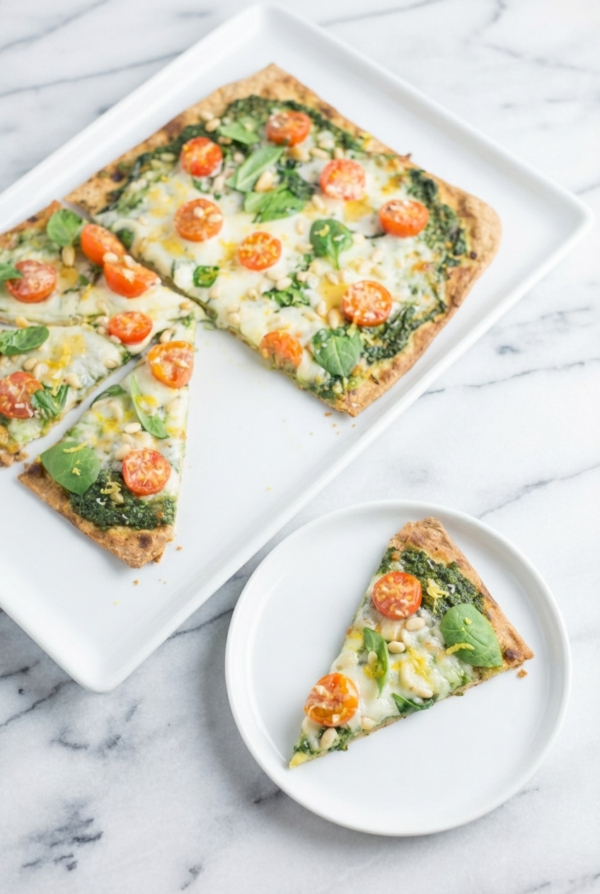 Slices of spinach pesto pizza served on a wooden board for a casual, healthy lunch.