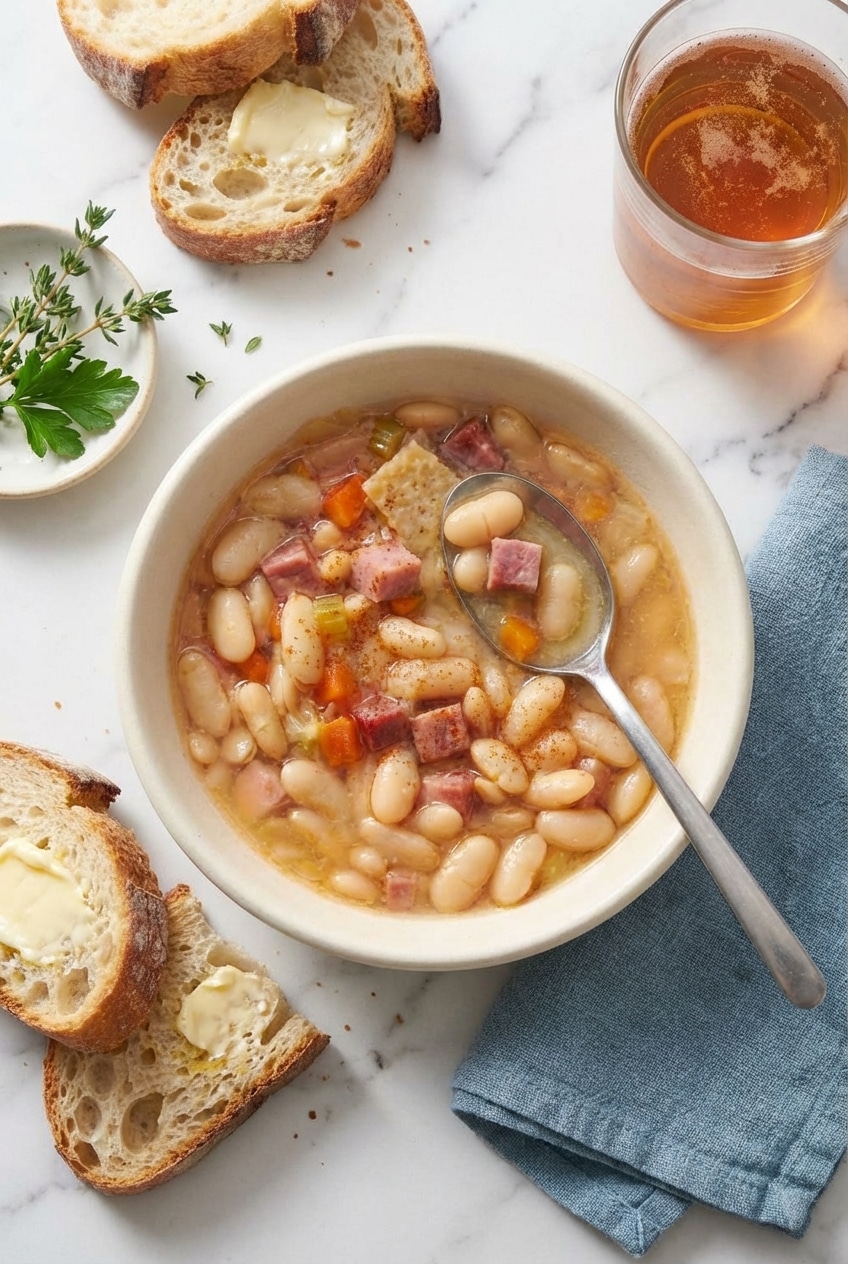 Bowl of ham and bean soup paired with crusty bread on a rustic wooden table for a cozy dinner.