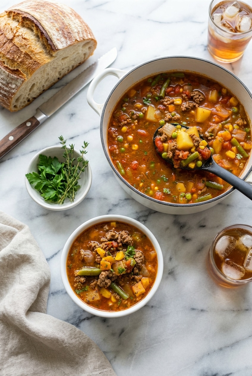 Serving a ladle of hamburger soup recipe into a ceramic bowl next to meal prep containers.