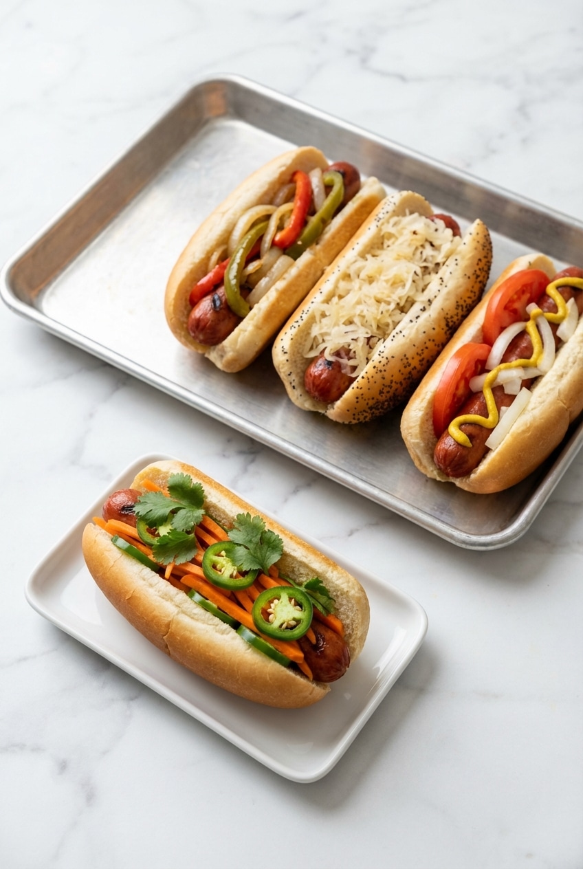 A wooden board with hot dog toppings featuring cotija cheese and pickled jalapeños for easy serving.