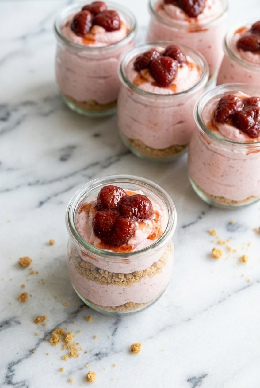 Individual jars of strawberry cheesecake mousse garnished with graham cracker crumbs on a serving tray.