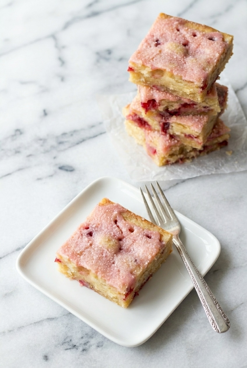 Strawberry lemon blondies stacked on parchment paper, ready for serving at a garden party.