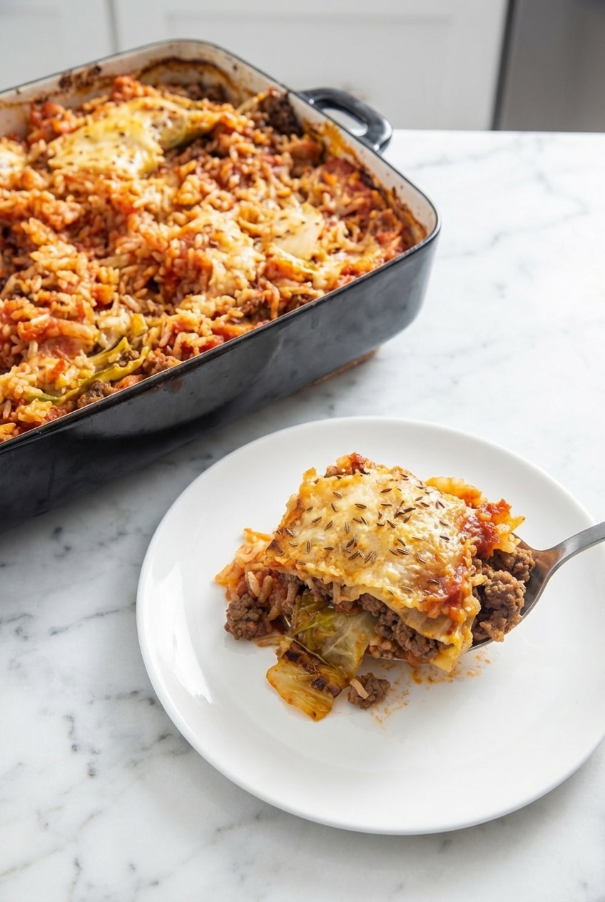 A portion of stuffed cabbage roll casserole served on a plate, highlighting the rich tomato and rice filling.