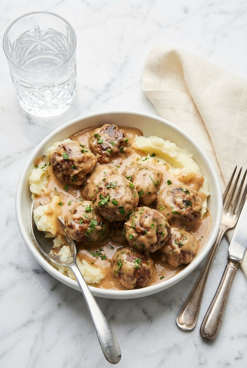 Swedish meatballs served in a bowl with tart lingonberry jam and a side of creamy potatoes.