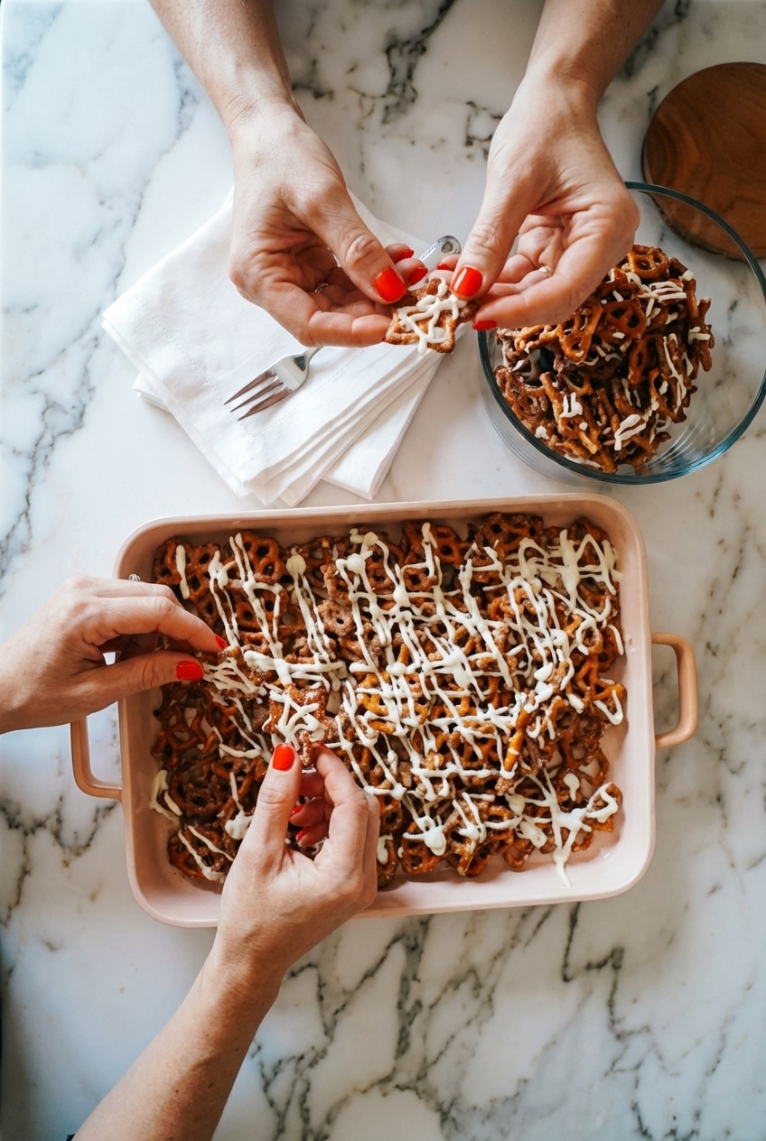 A stack of cinnamon sugar pretzels finished with a delicate white chocolate drizzle on a serving plate.