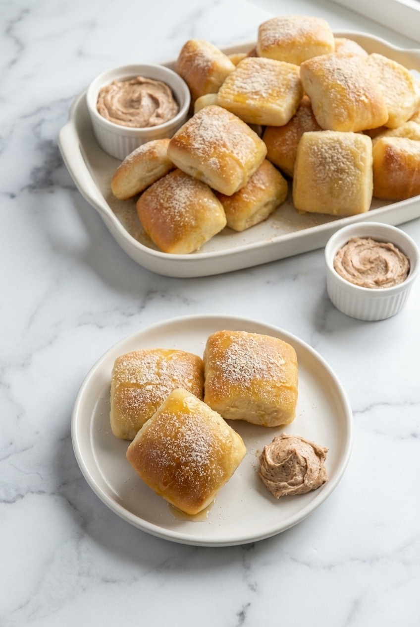 texas roadhouse rolls served in a cloth-lined basket with whipped honey cinnamon butter.