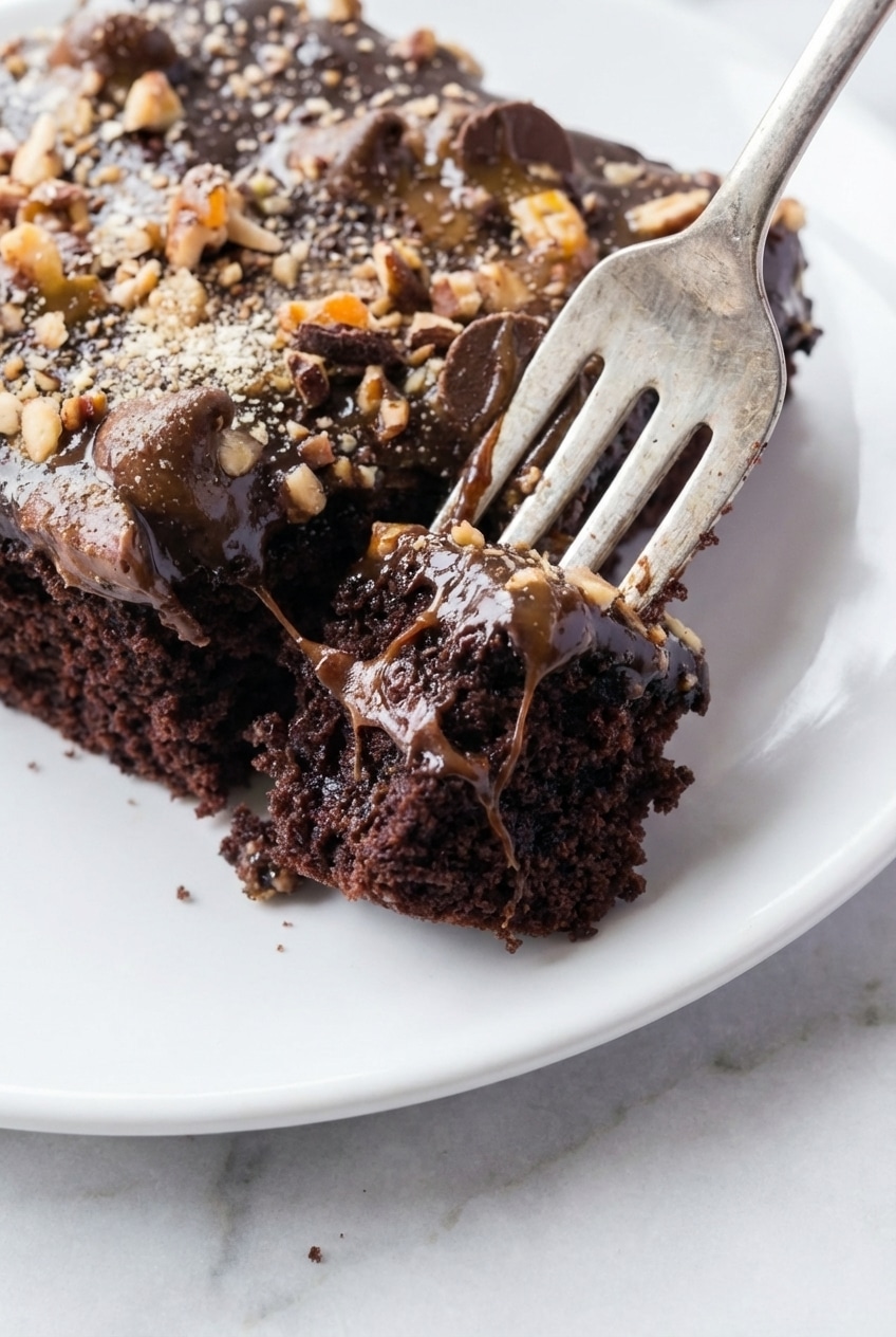 A square of texas turtle sheet cake on a white plate showing the moist crumb and gooey topping.