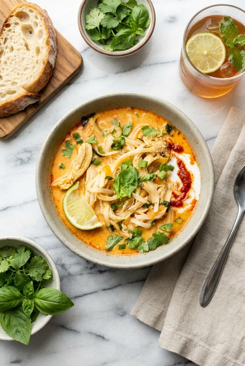 A finished bowl of Thai chicken curry soup garnished with fresh Thai basil and lime wedges on a dinner table.