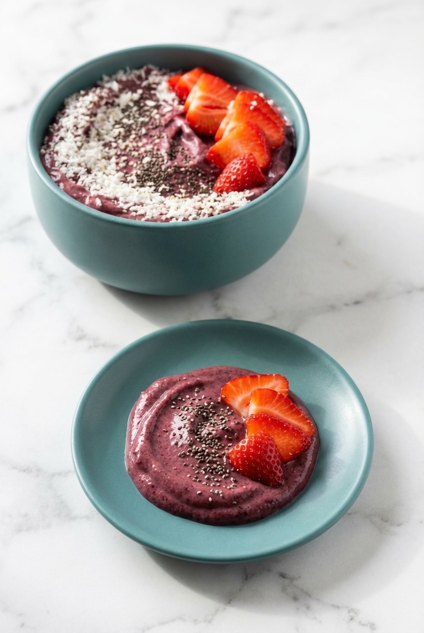 A finished smoothie bowl topped with fresh fruit and seeds, styled on a bright breakfast table.
