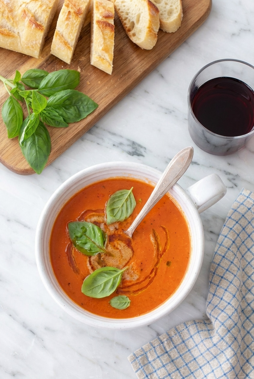 A rustic table setting with a steaming bowl of tomato basil soup garnished with balsamic vinegar.