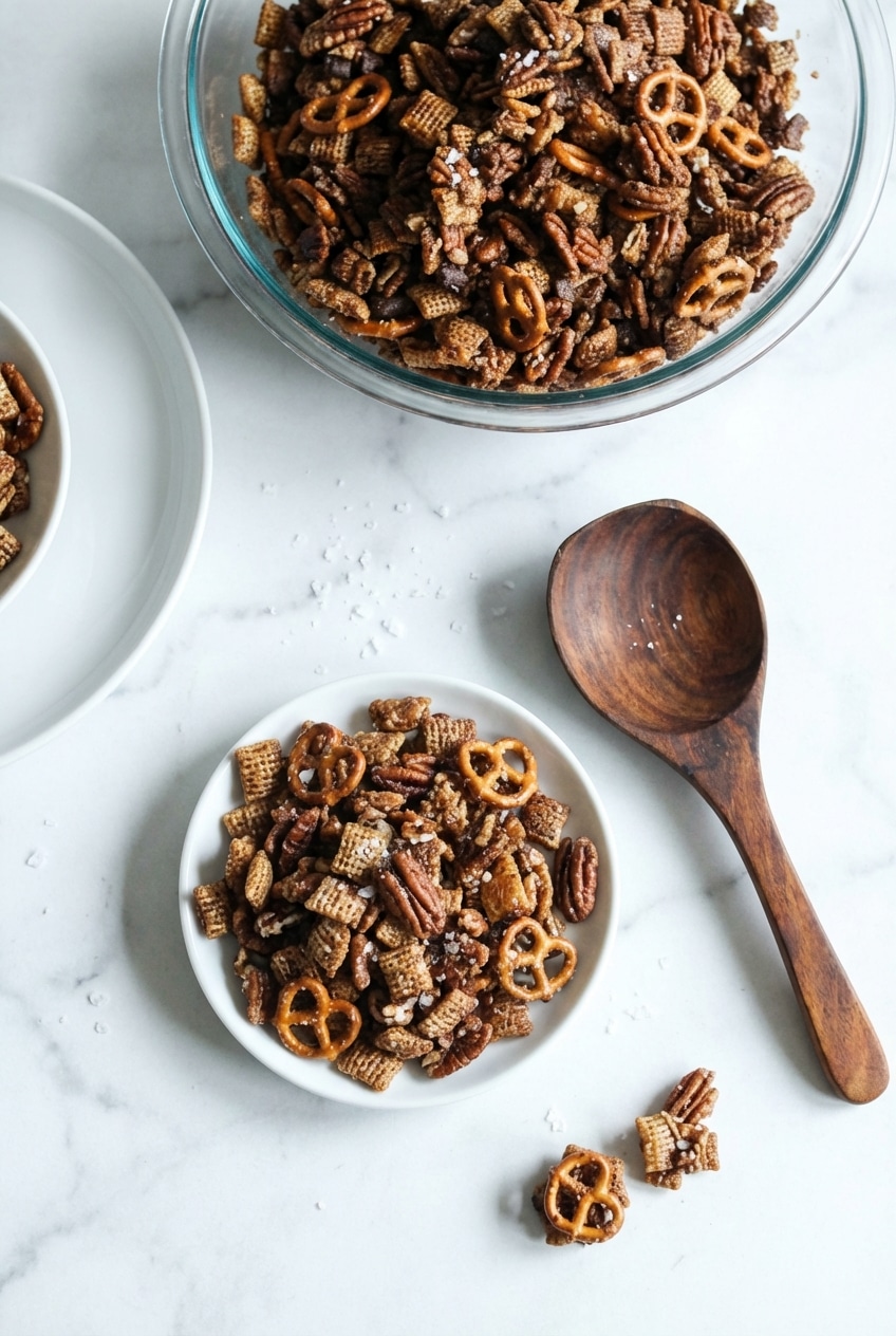 Turtle chex mix served in a rustic bowl, ready for snacking or holiday gifting.