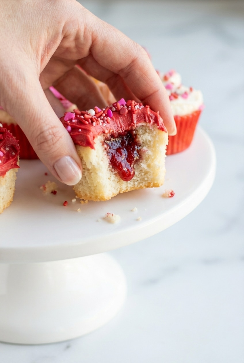 A festive display of Valentine's Day Cupcakes topped with delicate nonpareils and rosettes.
