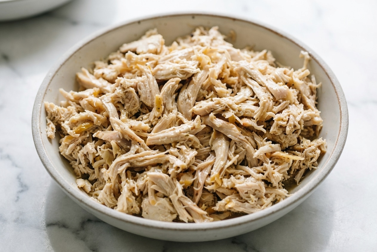 Juicy shredded chicken tossed in a savory herb and garlic reduction sauce.