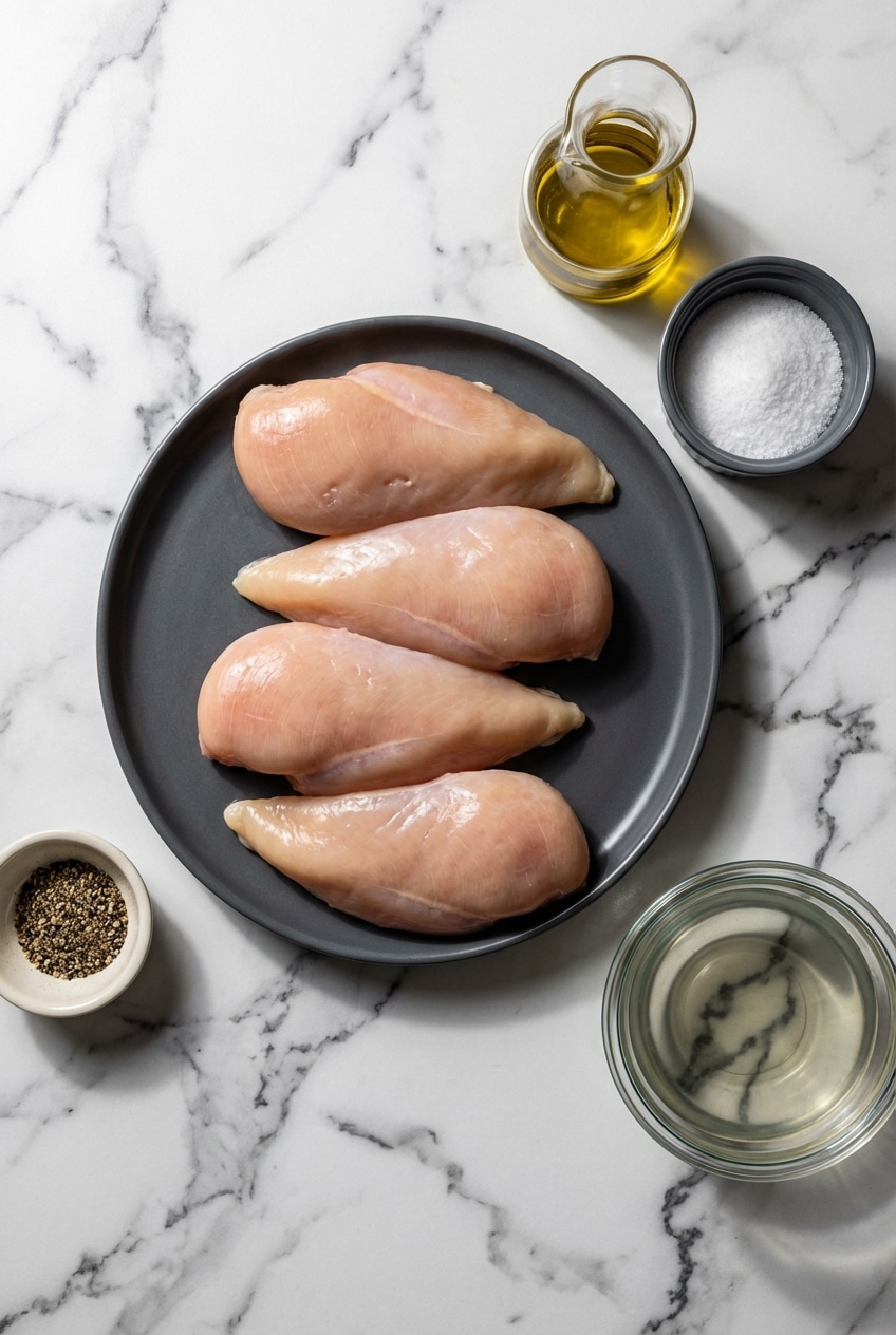 Raw chicken breast with fresh thyme, garlic, onion, and chicken broth for flavorful shredded chicken.