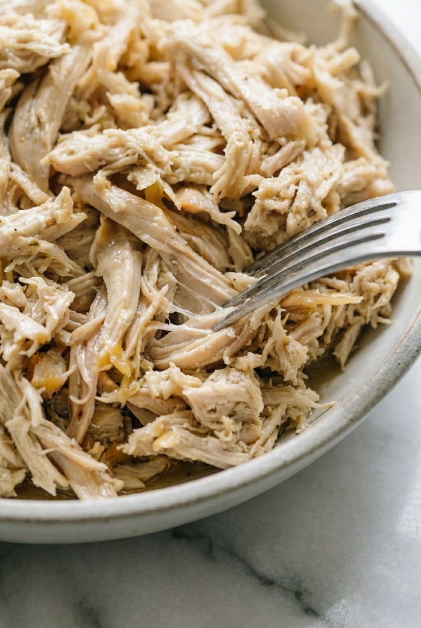 Pulling apart tender shredded chicken on a cutting board using two forks.